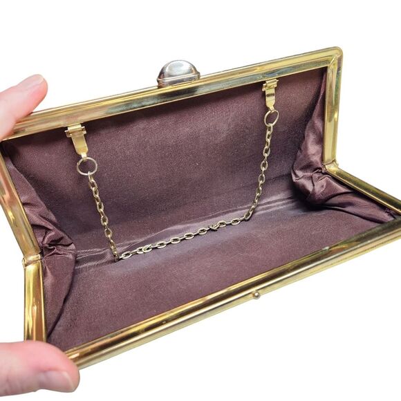Vintage 60s Leather Gold Clutch Purse Handbag Metallic Chain Handle Envelope MCM - Picture 3 of 16
